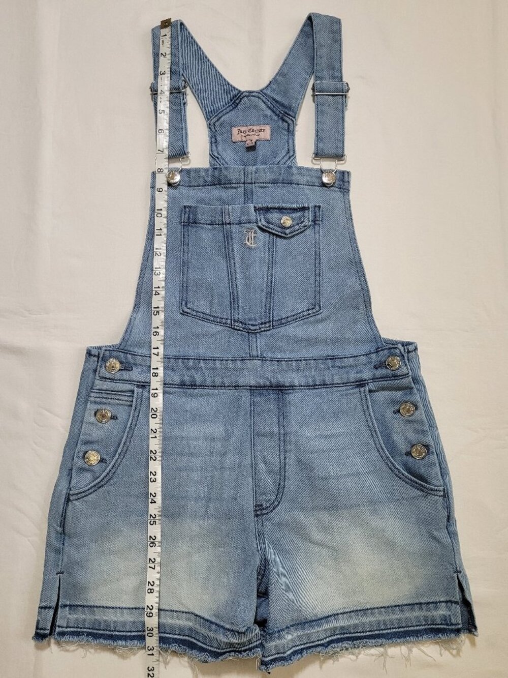 Juicy Couture Y2K Denim Short Overalls Raw Hem Medium Wash Small Streetwear - Picture 8 of 11